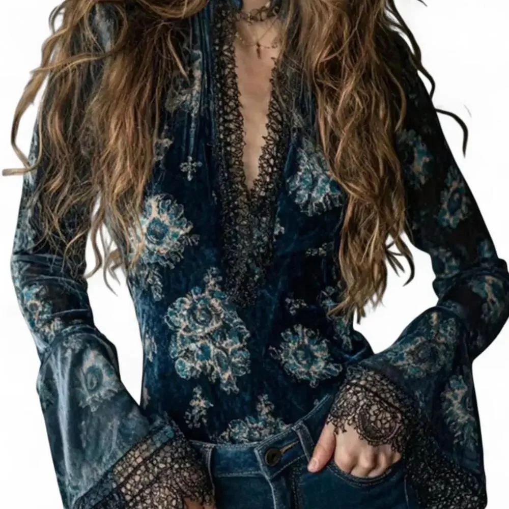 NEW Beautiful Vintage S-XL Boho Blue Velvet Blouse Lace Trim Floral Print Top - Picture 1 of 10